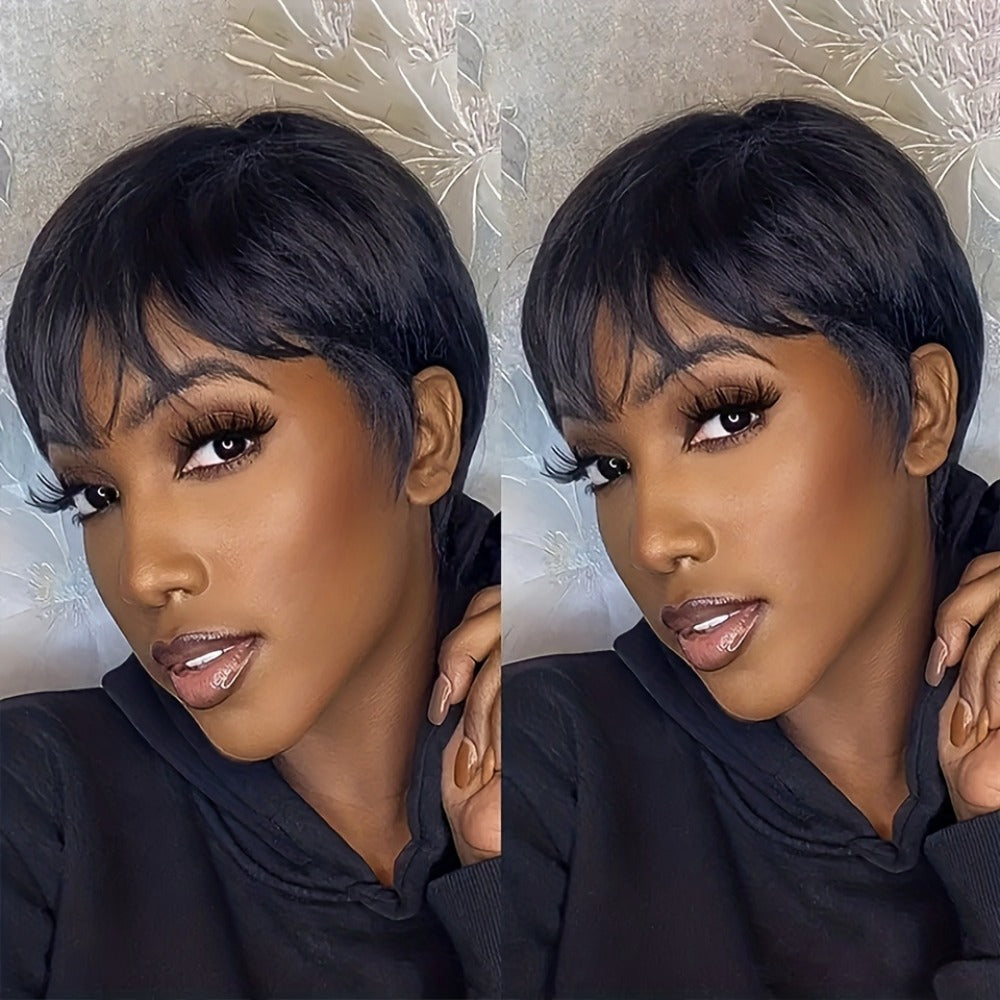 Straight Pixie Human Hair Wig with Bangs, Black 6-Inch Length and Approximately 22.5-Inch Cap — image 4
