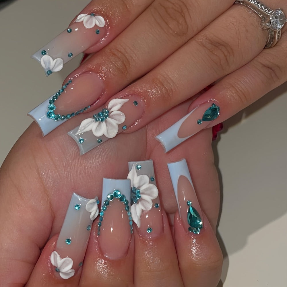 Press On Nails 96-Piece Long Ballerina Blue Gradient 3D Flower Butterfly Set with Four Bracelets — image 12