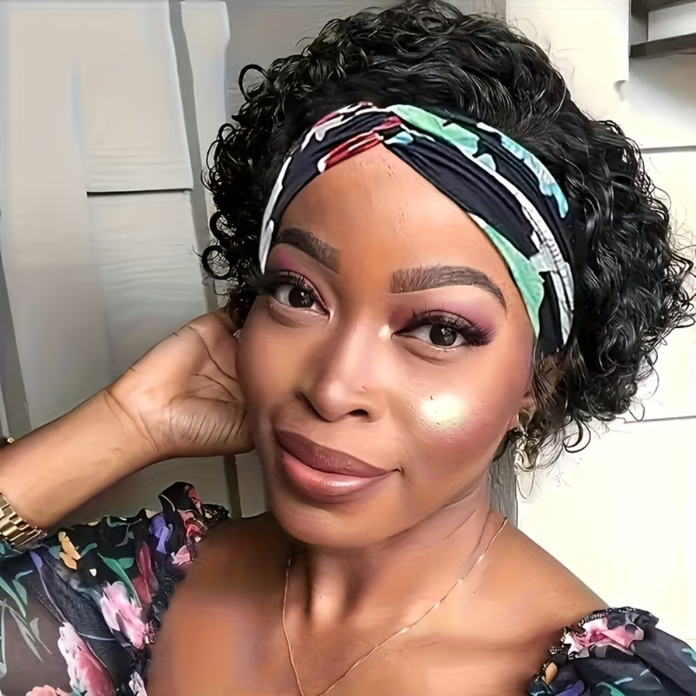 Kinky Curly Headband Wig Human Hair Brazilian 150% Density Glueless 6 Inch | No Glue No Gel Black Burgundy Rust | Beginner Fr