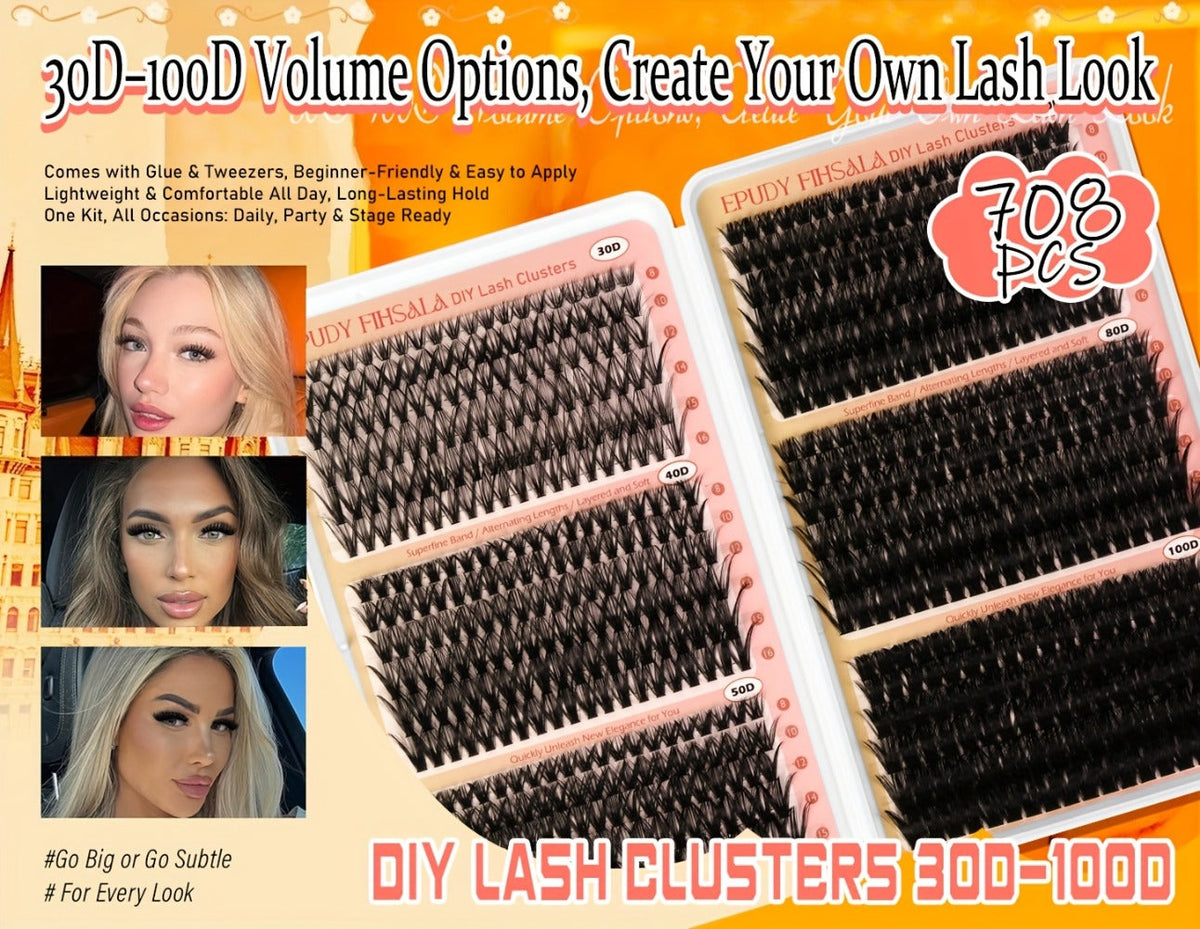 Lash Extension Kit with 708 Clusters in 8-16mm Mixed Lengths and 30D-100D Densities, Glue, Tweezers and Brush — image 9