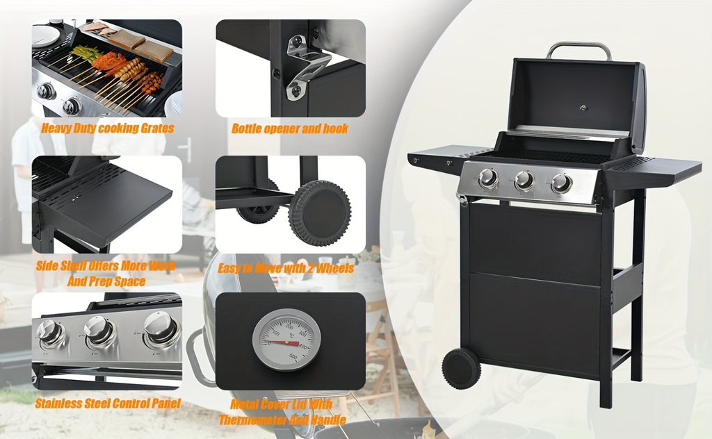 Propane Gas Grill Stainless Steel 3 & 4 Burner Outdoor BBQ Grill with Side Burner, Grill Cover & 344 Sq In Cooking Surface — 