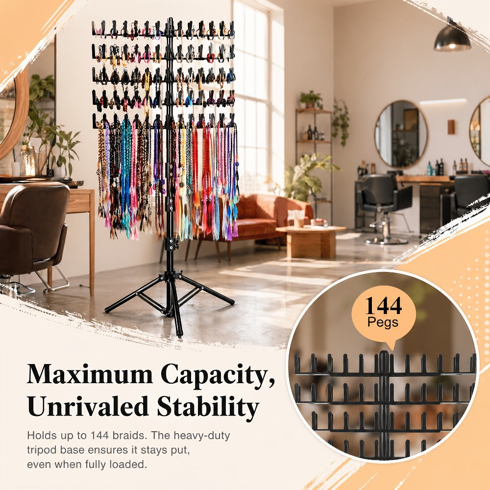 Braiding Hair Rack 144 Pegs Height Adjustable 2-Side Hair Extension Holder Stand with Tray – Foldable Portable Professional B