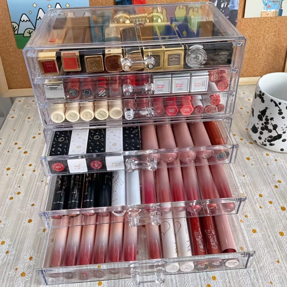 Clear Acrylic Makeup Organizer 5-Tier with Drawers Dustproof Cosmetic Storage for Lipstick Foundation Brushes Skincare — imag
