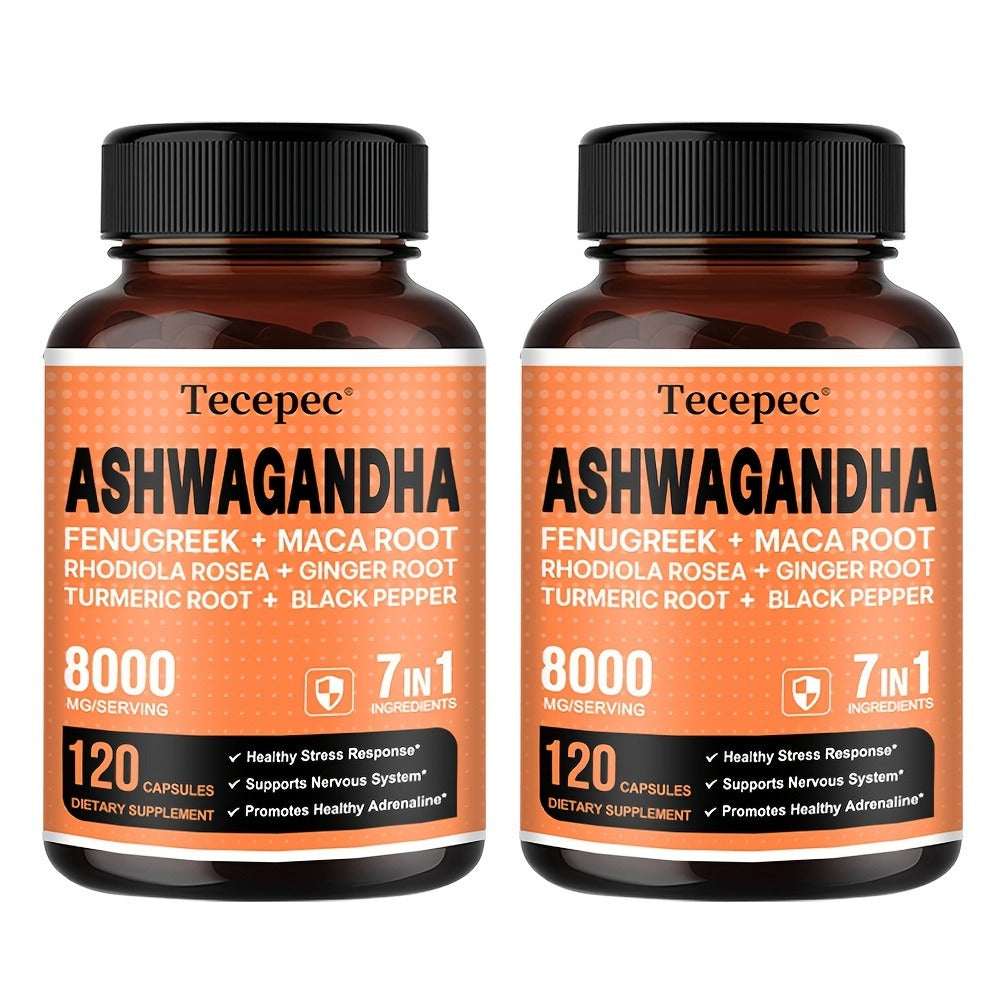 Ashwagandha Capsules 7-in-1 Adaptogen Blend 120ct with Maca Root Rhodiola Rosea Ginseng for Bath Time, Home Spa and Personal 