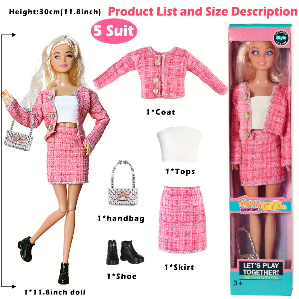 Six-Piece 11.5-Inch Fashion Doll Set with Mixed Outfits, Handbags, Hats, Necklaces and Suitcase Accessories — image 8