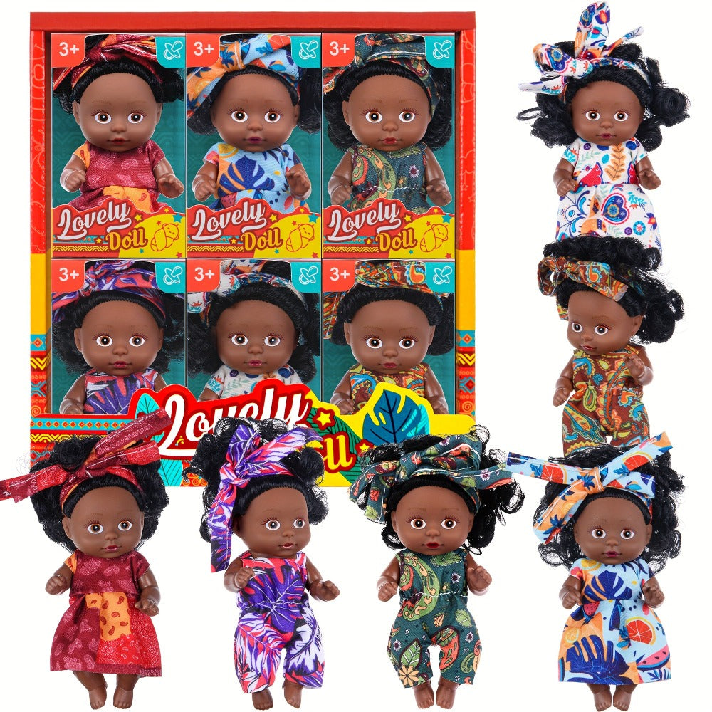 Mini Baby Doll Six-Piece Set with Dark Skin Tones, 4.53-Inch Dolls, Curly Hair and Patterned Outfits — image 1