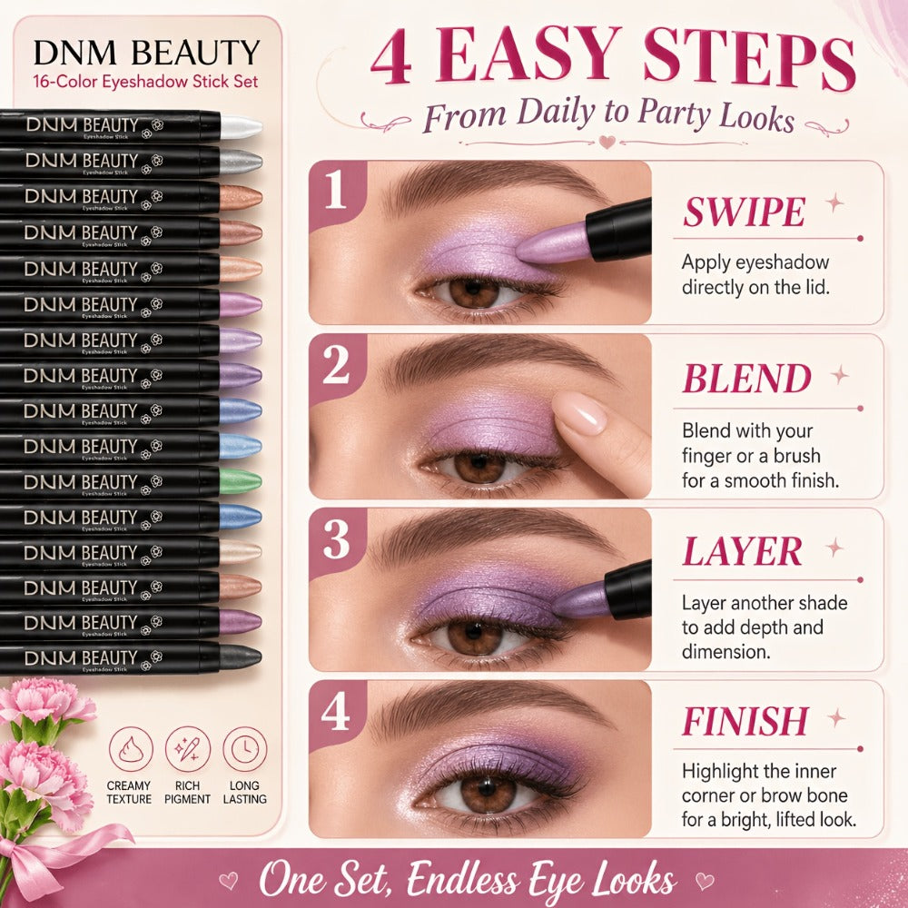 Highly Pigmented Eyeshadow Stick Set 16 Colors Waterproof Matte & Shimmer Eye Makeup Pencil Kit — image 18