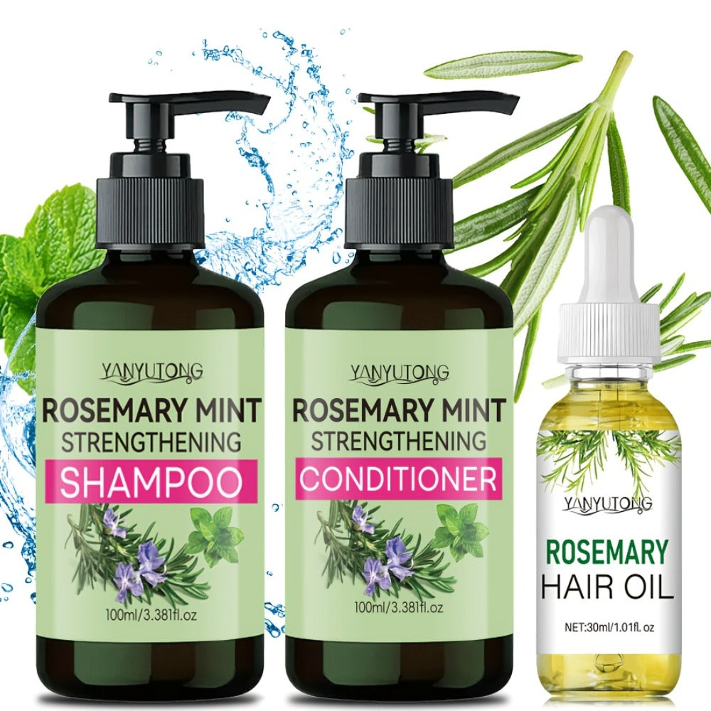 Three-Piece Rosemary Mint Hair Care Set with 3.38 oz Pump Shampoo, Conditioner and Oil Formats — image 1