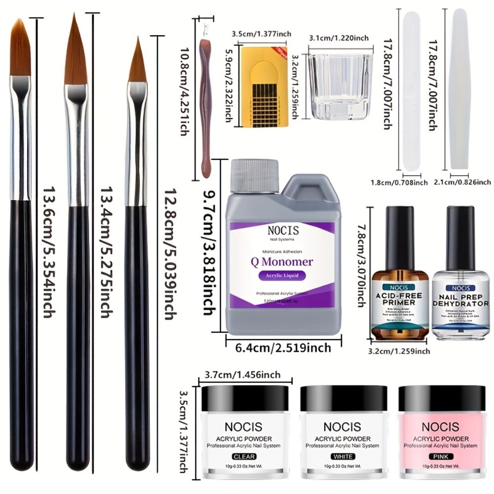 Acrylic Nail Kit NOCIS Three 10g Powders with Q Monomer, Primer, Brush Cleaner, Four Brushes and Mixing Cup — image 4