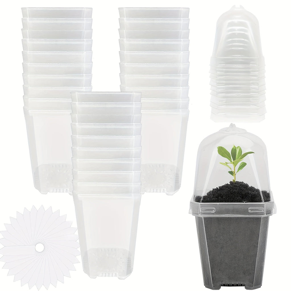 Clear Nursery Pots 3 Inch with Humidity Dome Lids 30pcs | Stackable Seed Starter Pots | Built-In Labels | Succulents Seedling