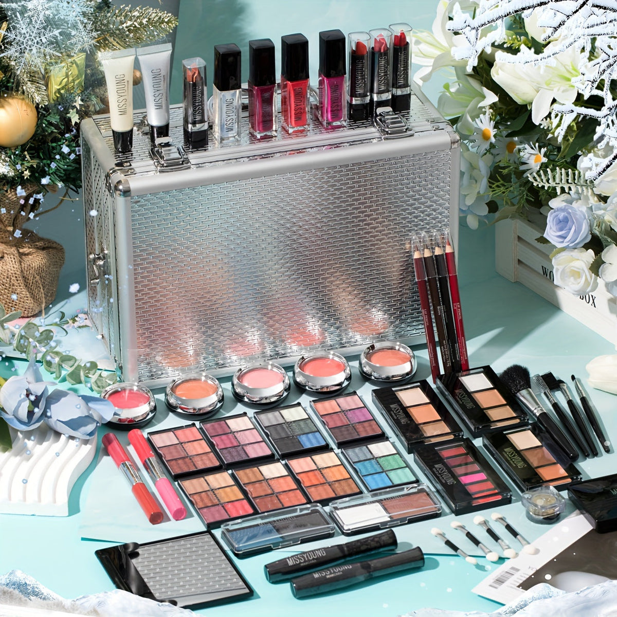 Makeup Kit in Handled Aluminum-Style Travel Case with Mirror, Tiered Trays and Silvery or Red Finish — image 6