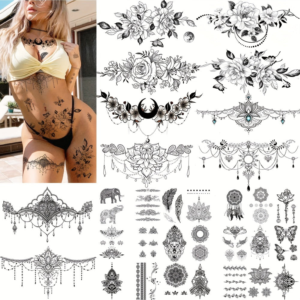Temporary Tattoos, 10-Sheet Large Black Body Art Set with 60-Plus Floral, Ornamental and Symbol Motifs — image 2