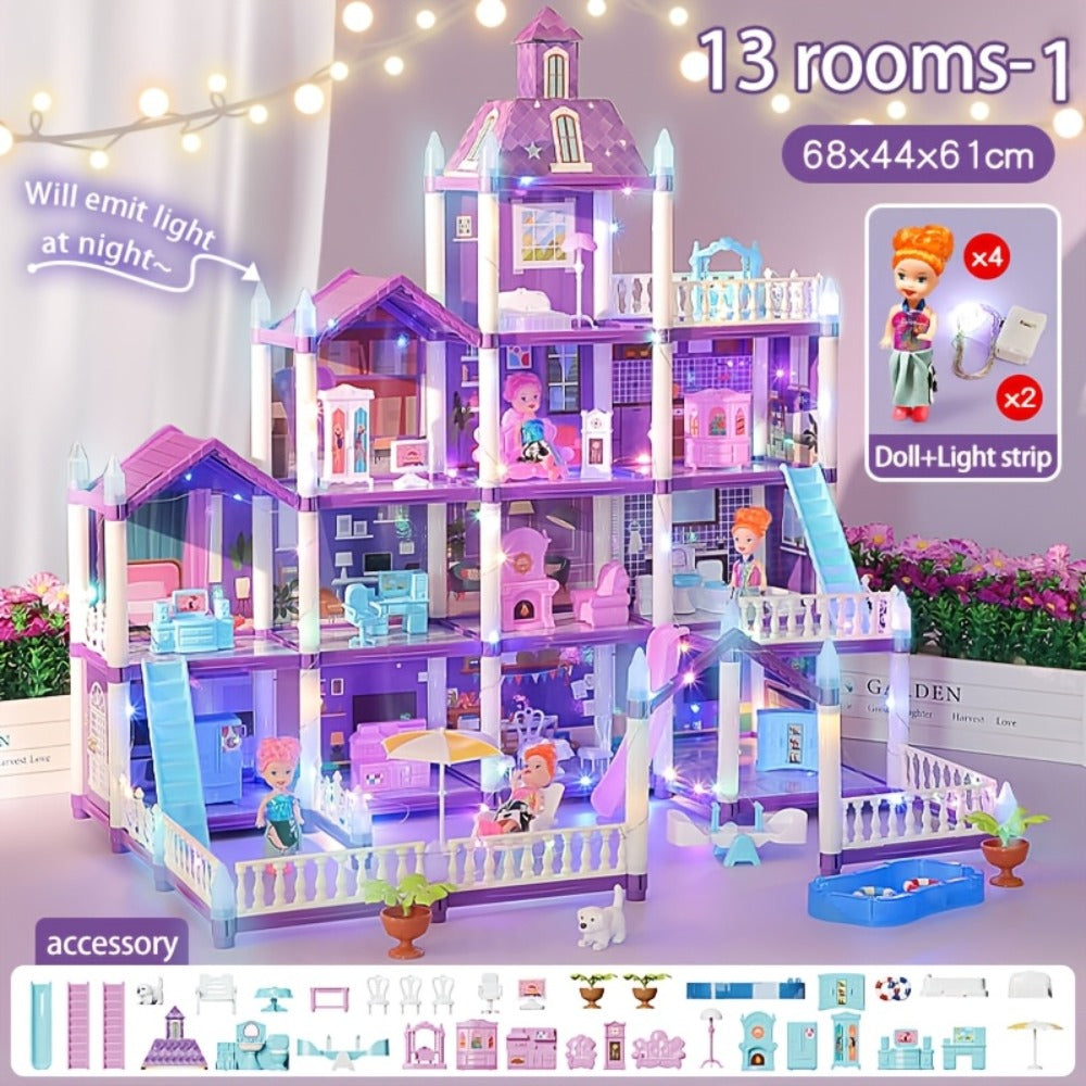 LED Dollhouse Playset for Girls, Purple Multi-Room Playhouse with Doll Figures, Puppies, Furniture & LED Lighting — image 9