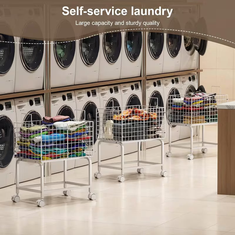 Wire Laundry Hamper Trolley Cart with Pull Handle