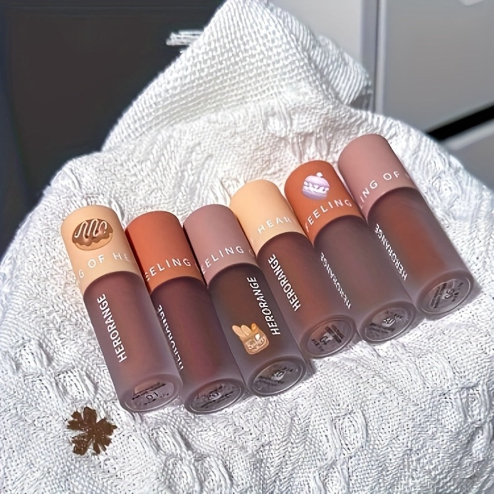 Velvet Matte Liquid Lipstick Set 6PCS 2-in-1 Lip Glaze and Eyeshadow – Chocolate Nude Brown, for Makeup, Travel and Everyday 