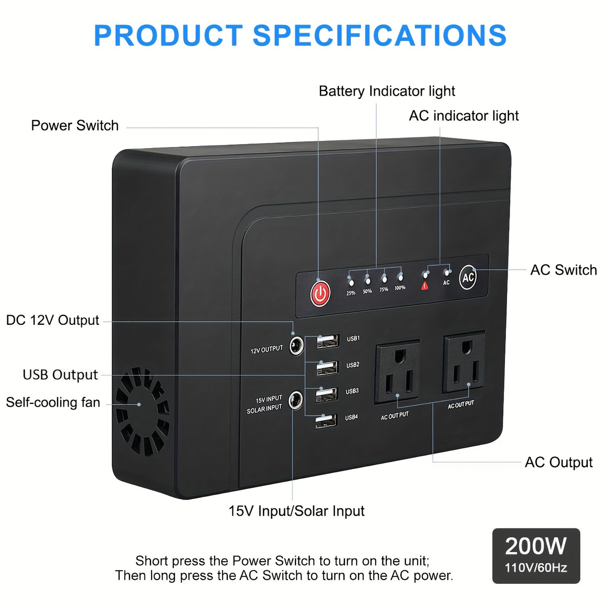 Portable Power Station 146Wh 200W with Two AC Outlets, Four USB Ports and Hard Carrying Case — image 6