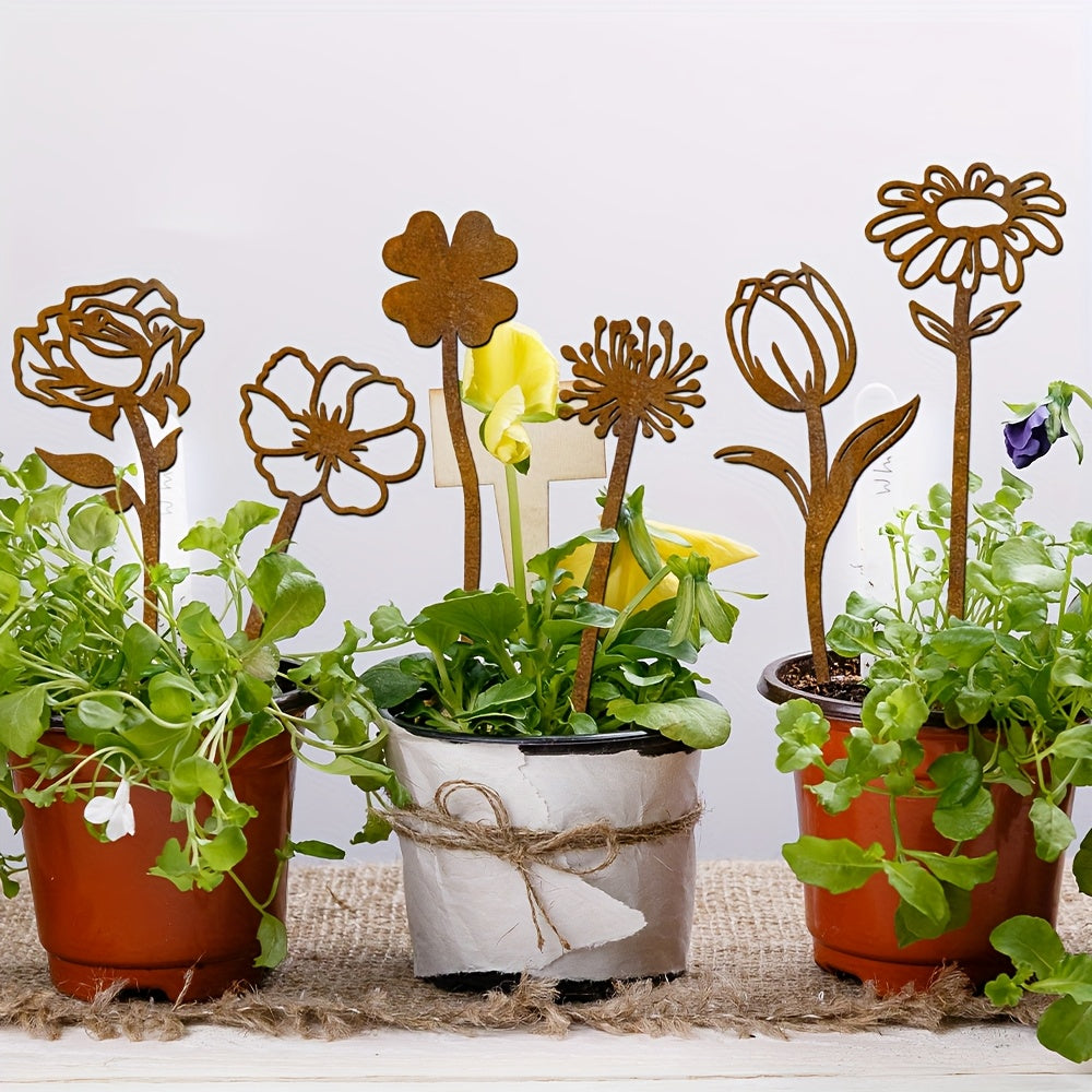 Rustic Flat Metal Flower Garden Stakes, Six-Piece Rose, Daisy and Botanical Set for Pots and Borders — image 5