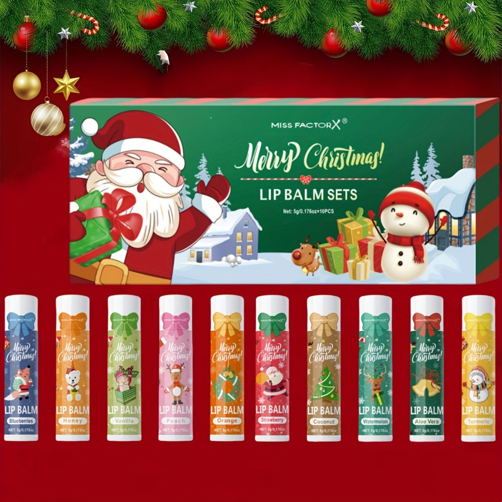 Moisturizing Lip Balm Set 10-Pack with Vitamin E – MISS FACTORX Natural Look Lipstick Collection for Women, Hydrating & Nouri