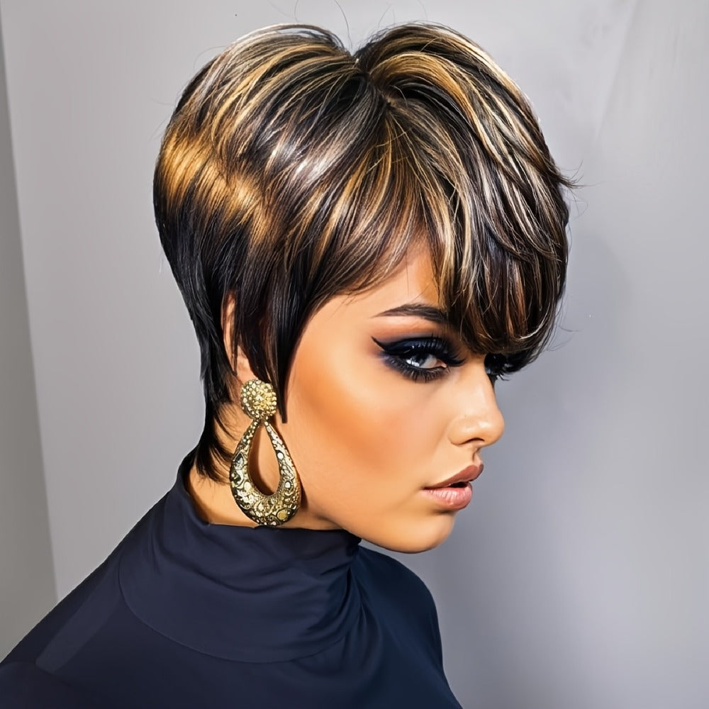 Synthetic Wig 4-Inch Layered Pixie with Bangs, Black-Blonde Look and Rose Net Cap for Daily Style — image 3