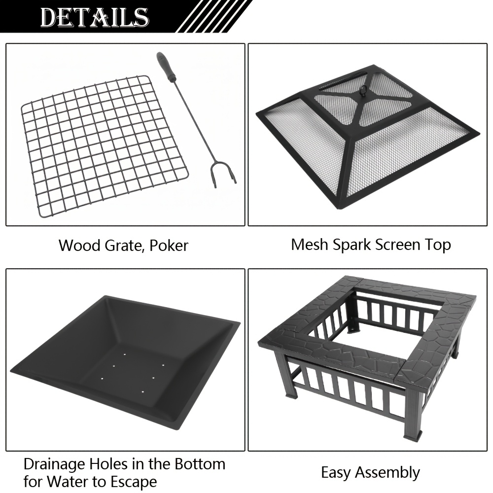 Square Fire Pit Table 32 Inch Metal Wood Burning Outdoor Fire Pit with Mesh Lid, Poker & Tabletop for Backyard Patio Garden G