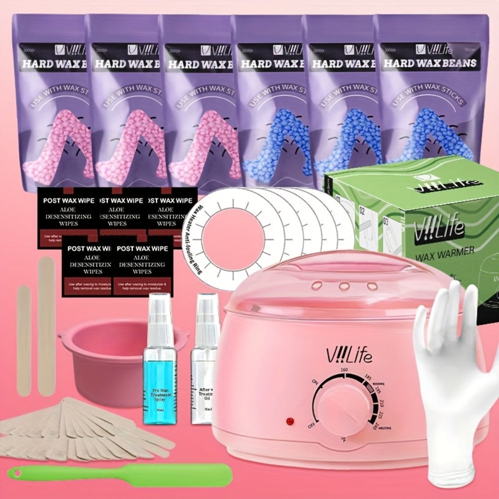 Hard Wax Warmer Kit 43 Piece Complete Home Waxing Set with Pink Hard Wax Beads – No Strip Hair Removal for Face Eyebrow Body 