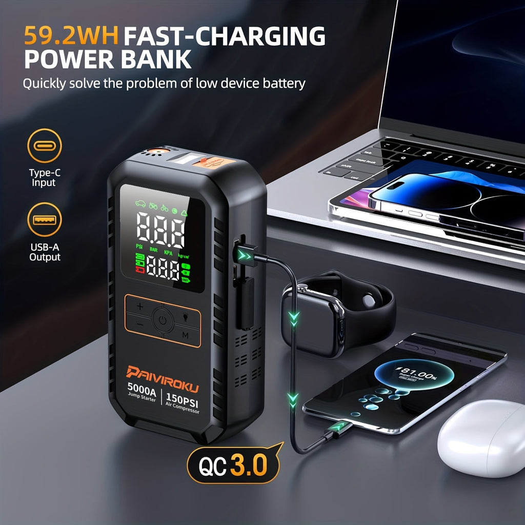 5000A Car Jump Starter with 150 PSI Digital Tire Inflator, 12V Clamps and 44.4Wh, 59.2Wh or 74Wh Options — image 1