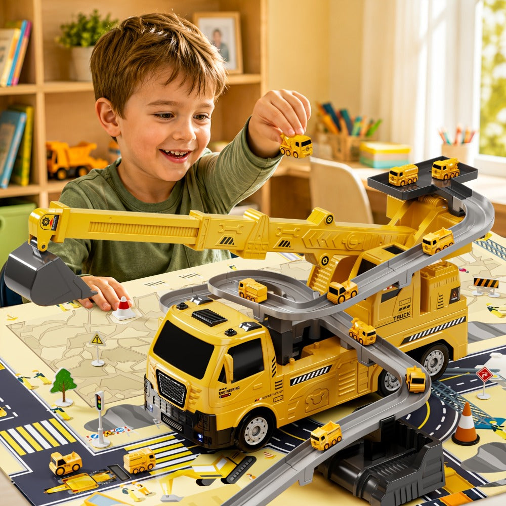 3-in-1 Crane Excavator & Racing Track Toy Set for Kids Ages 3+, Construction Vehicle Playset with Lights & Sounds — image 2