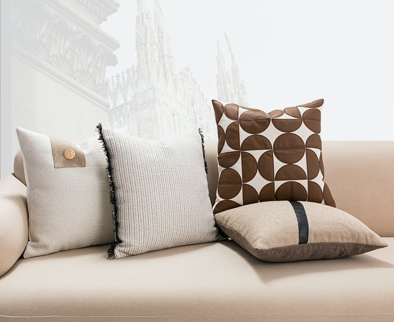 Nordic PU Leather Pillow Geometric Abstract Veneer Stitching Cushion Simple Modern Living Room Backrest Pillow Pillow Cover