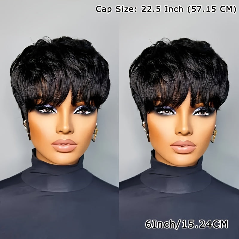 Straight Pixie Human Hair Wig with Bangs, Black 6-Inch Length and Approximately 22.5-Inch Cap — image 13
