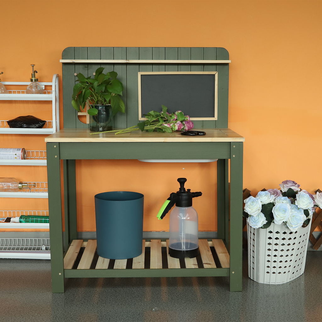 Potting Bench with Blackboard Removable Sink Hooks Double Shelf for Garden — image 19