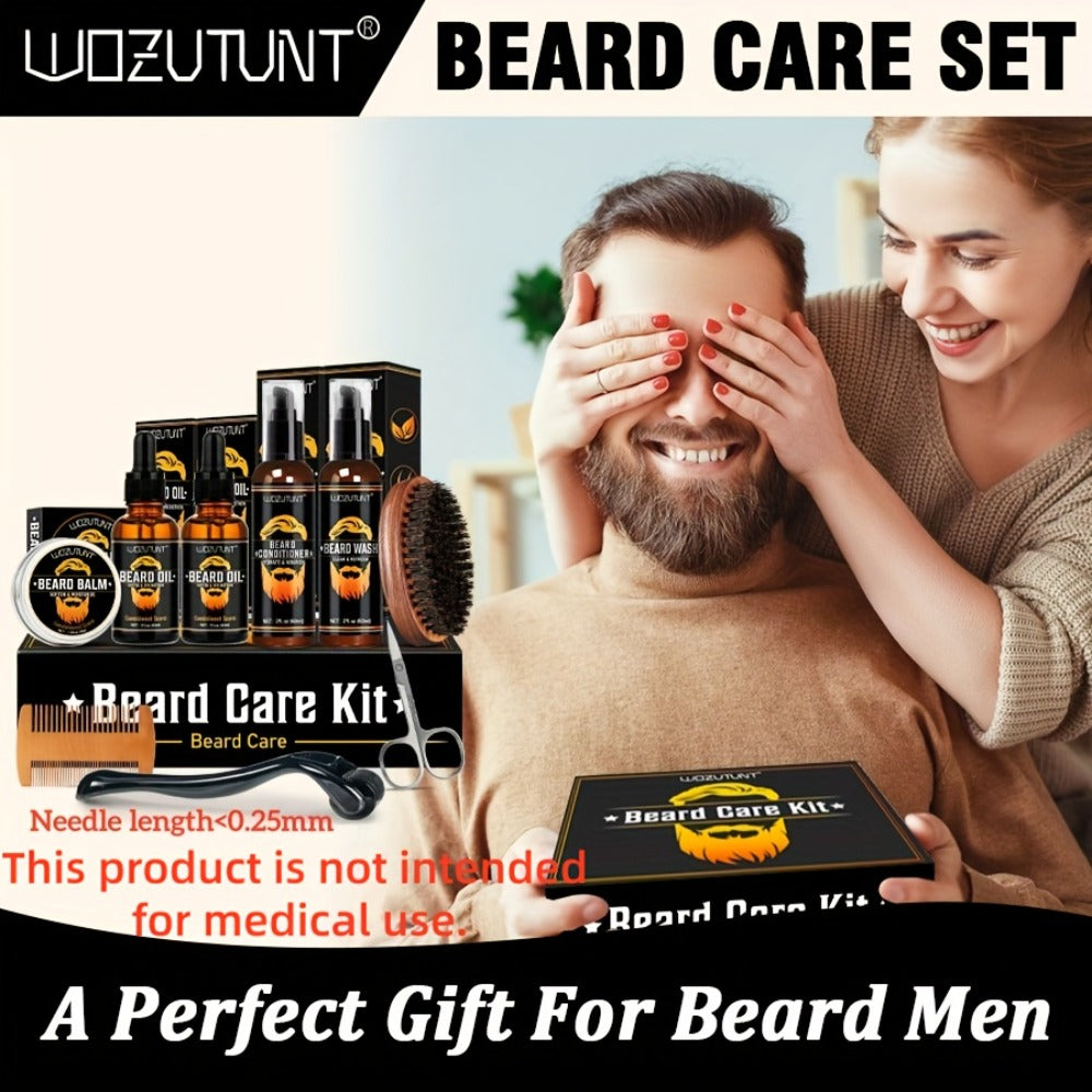 Beard Oil & Balm Grooming Kit for Men – 9-Piece Complete Beard Care Set with Conditioner Wash Brush Comb Clippers Travel Pouc