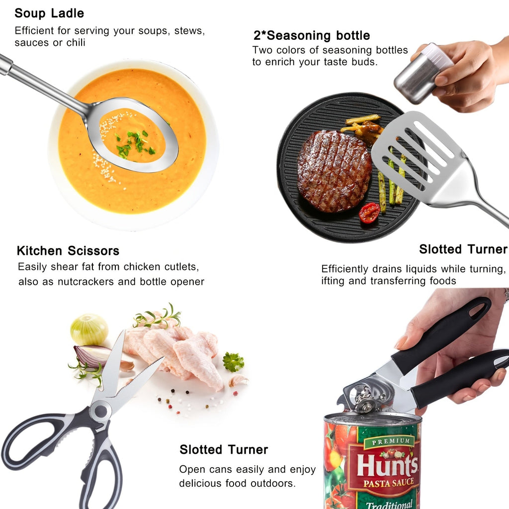Camping Cookware Set, 31-Piece 304 Stainless Steel Camp Kitchen Tool Kit with Knives, Board and Organizer Bag — image 4