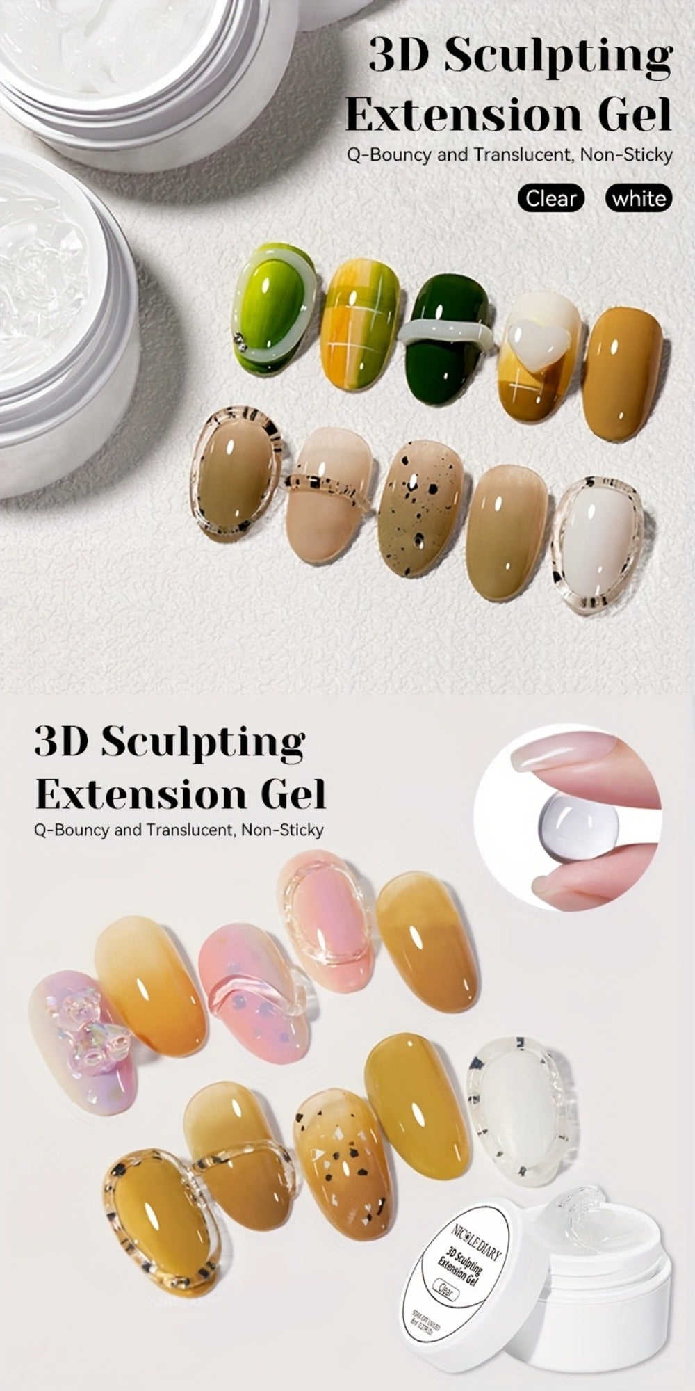 3D Sculpting Builder Gel Kit with Carving Pen – Clear & White Nail Extension Gel for Floral Nail Art, Acrylic Extensions & DI