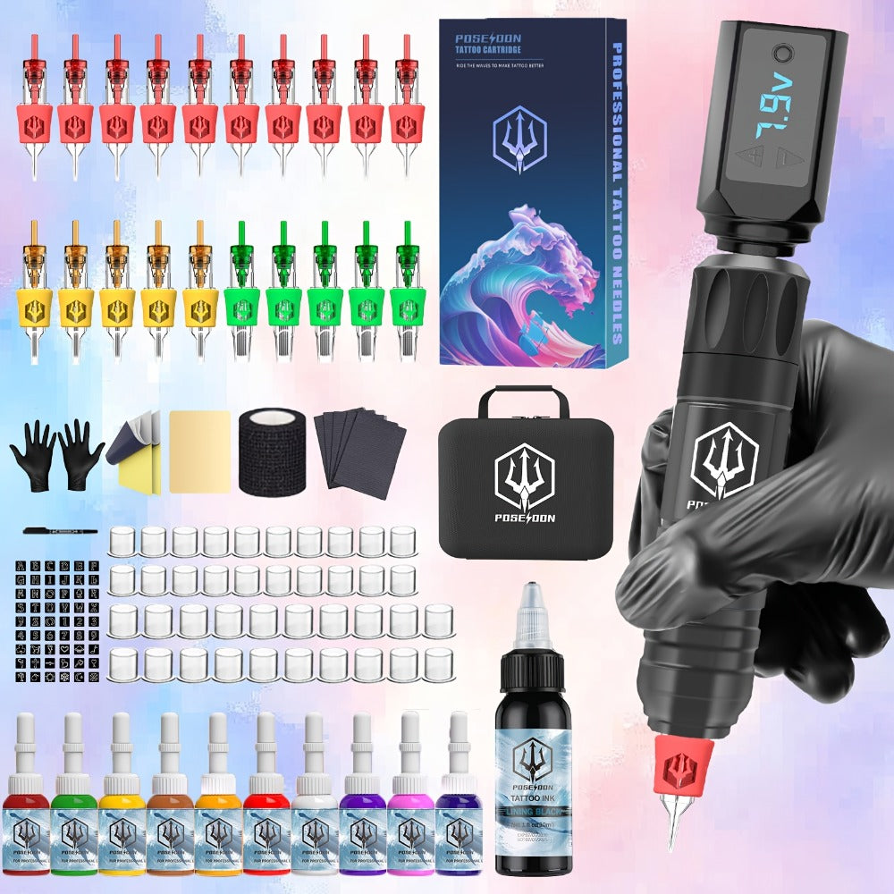 Tattoo Machine Kit POSEIDON TK035 Wireless Rotary Pen with LCD, 1500mAh Battery, 20 Cartridges and Practice Supplies — image 