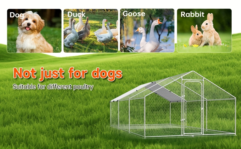 Dog Kennel Outdoor Large Metal Walk-in Chicken Run Pen Poultry Cage with Anti-UV Cover Movable Rack for Garden, Patio and Yar
