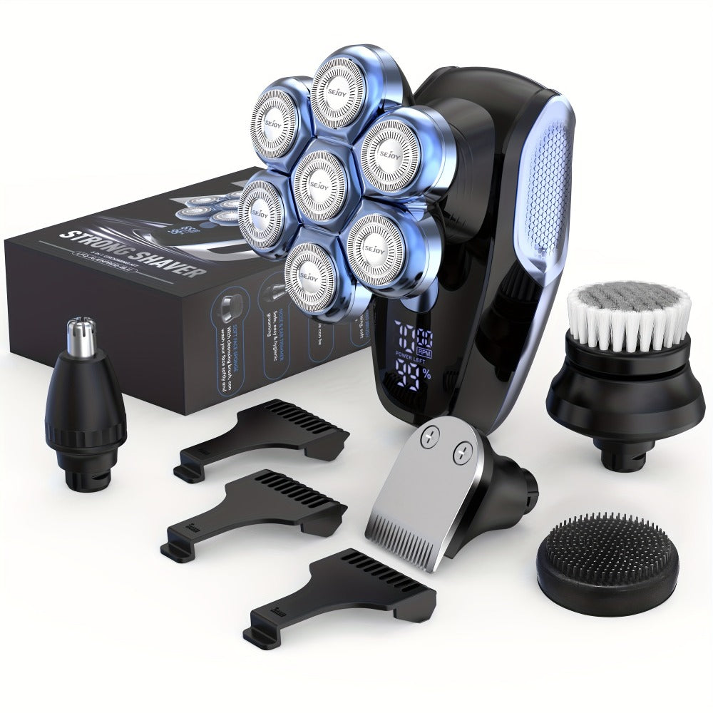 Electric Head Shaver for Bald Men 7D 7 Floating Heads – All-in-One Grooming Kit with Nose Hair Trimmer & Facial Cleaning Brus