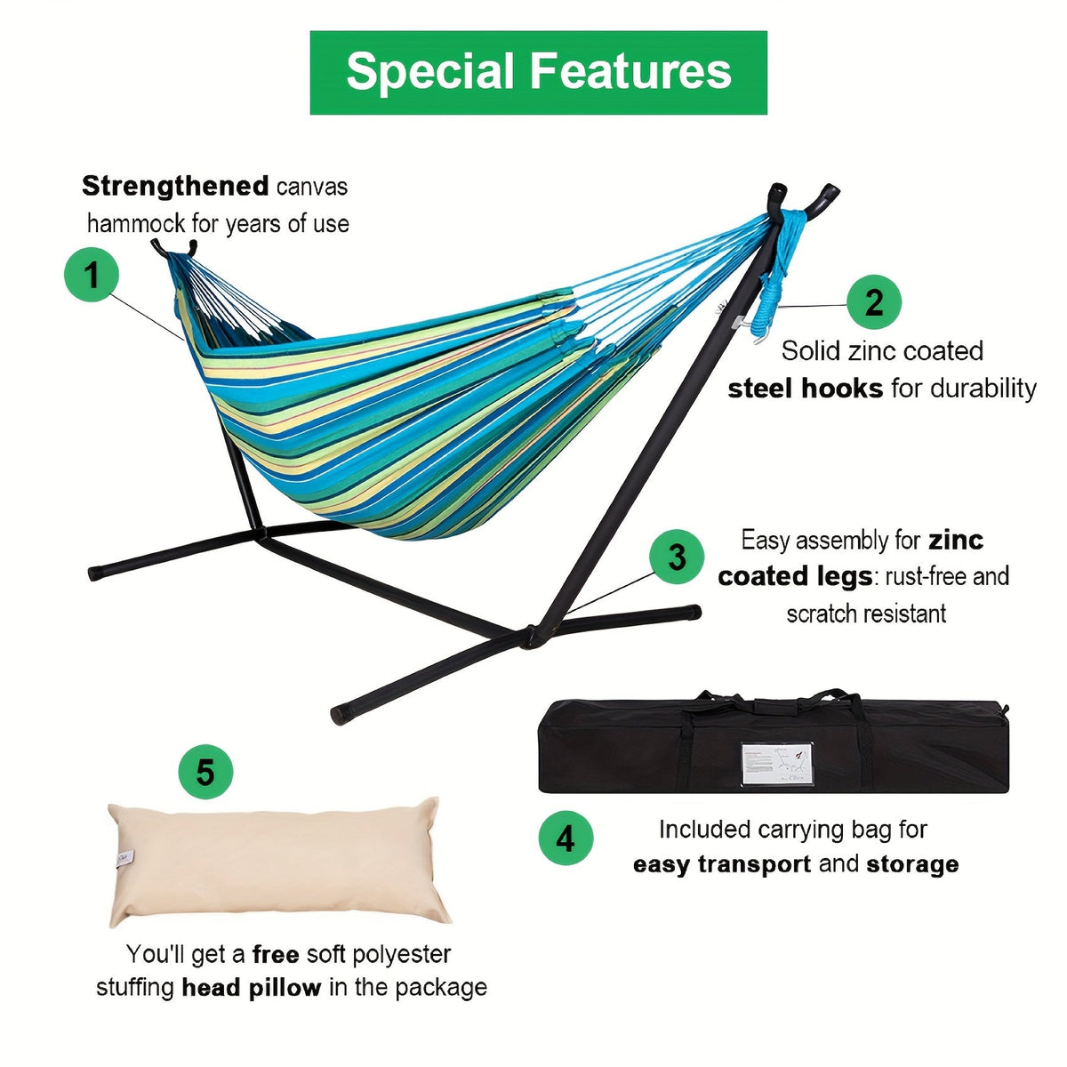 Hammock and Steel Stand Set with Pillow, Carry Case, Eight Colors and 450 lb Load-Limit Marking — image 7