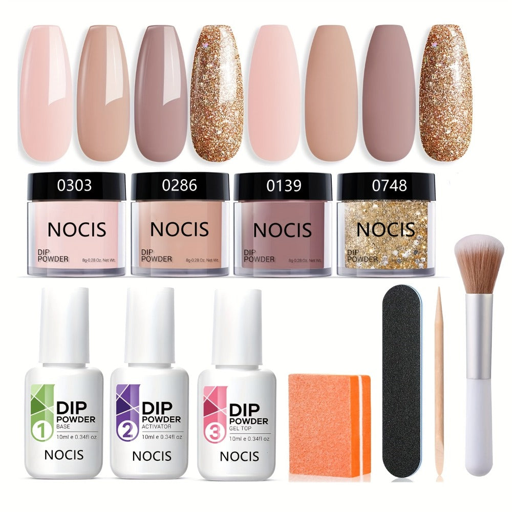 Dip Powder Nail Kit with NOCIS Label, Four Nude and Gold Glitter Powders, Three 10ml Liquids and Four Tools — image 3