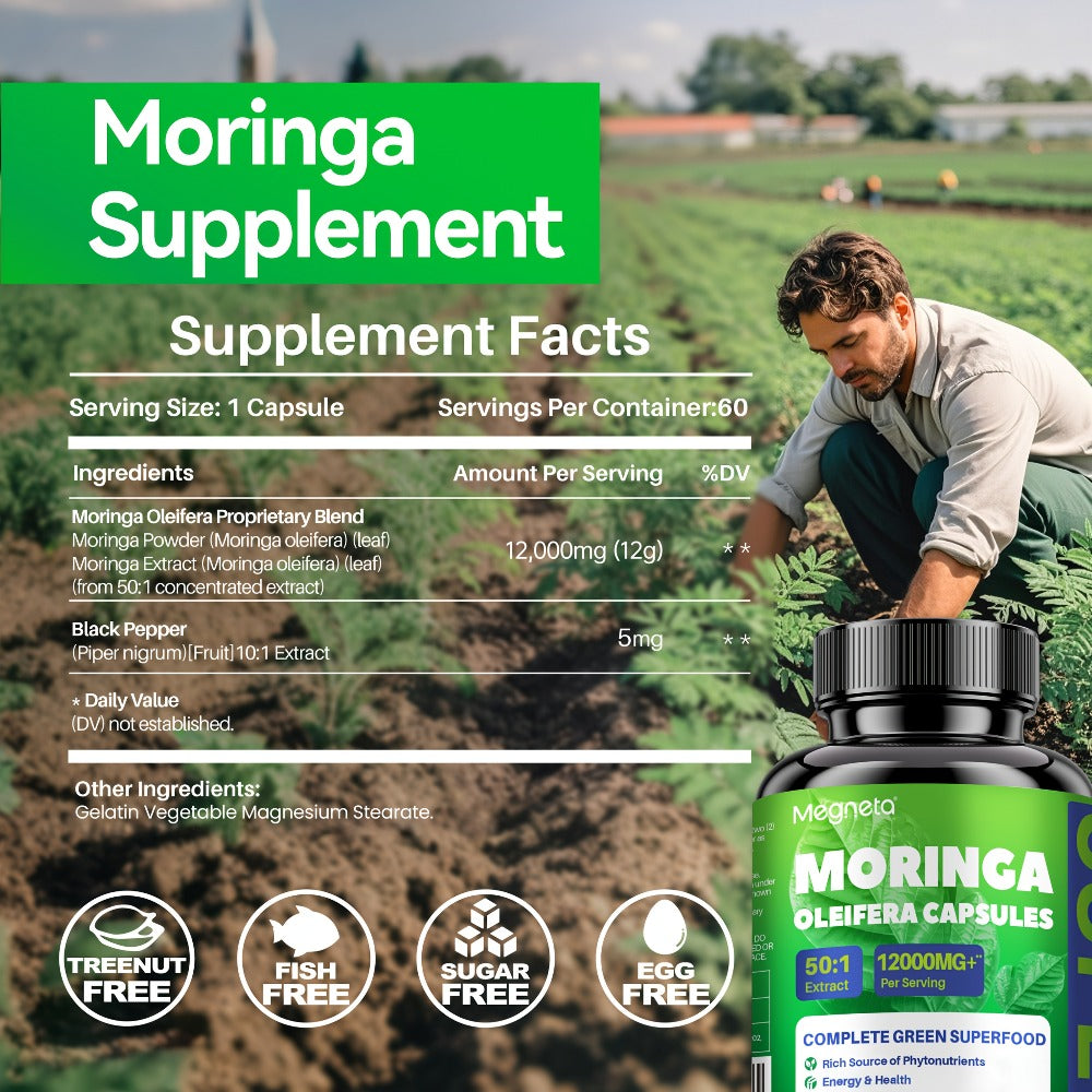 Herbal Supplements with Megneta Label, Moringa Oleifera 12000mg per Serving, 60 Capsules per Bottle — image 2