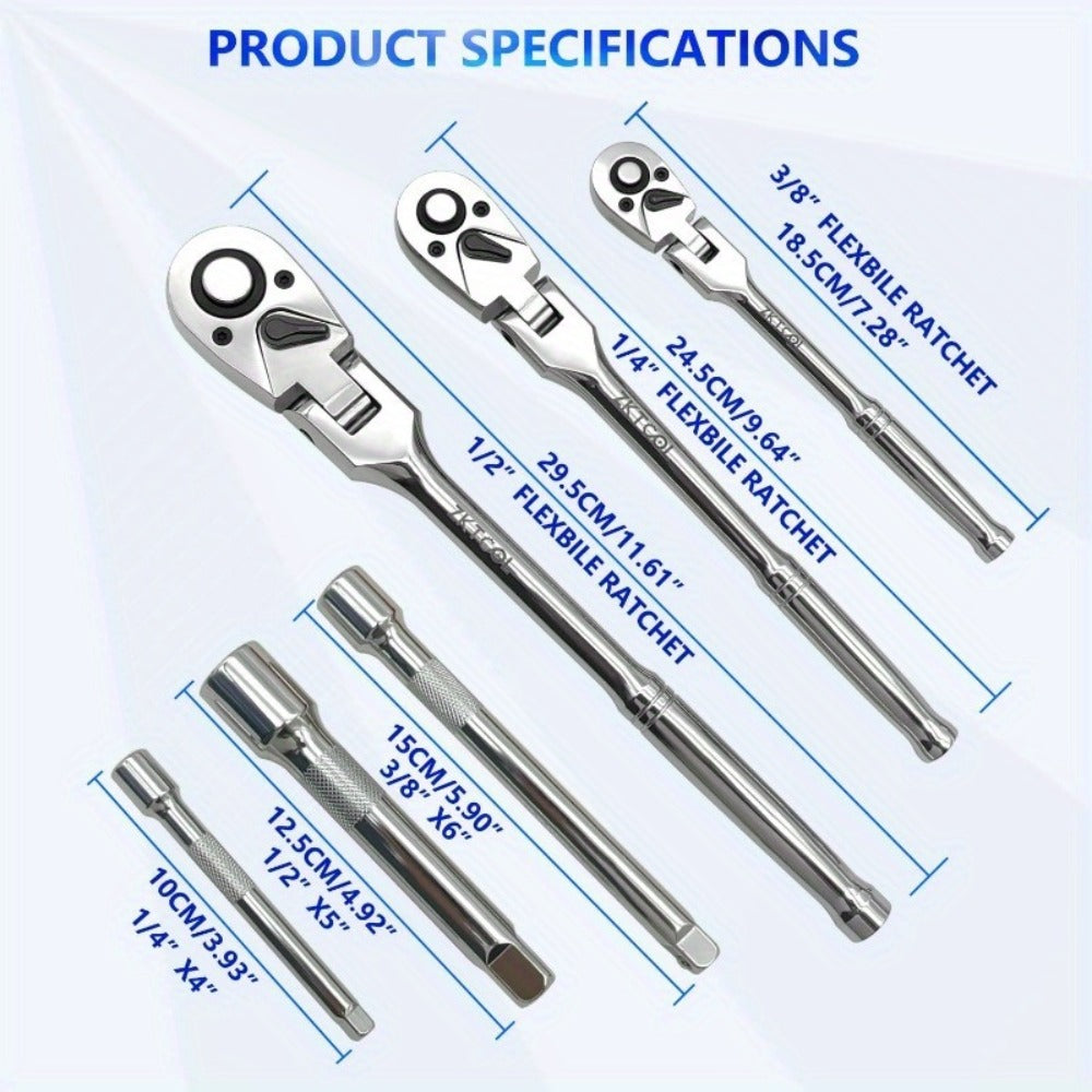 Swivel Head Ratchet Wrench Set – Spring-Loaded Flex Head 1/4" 3/8" 1/2" Drive with Extension Bar, Single or Multi-Pack for Au