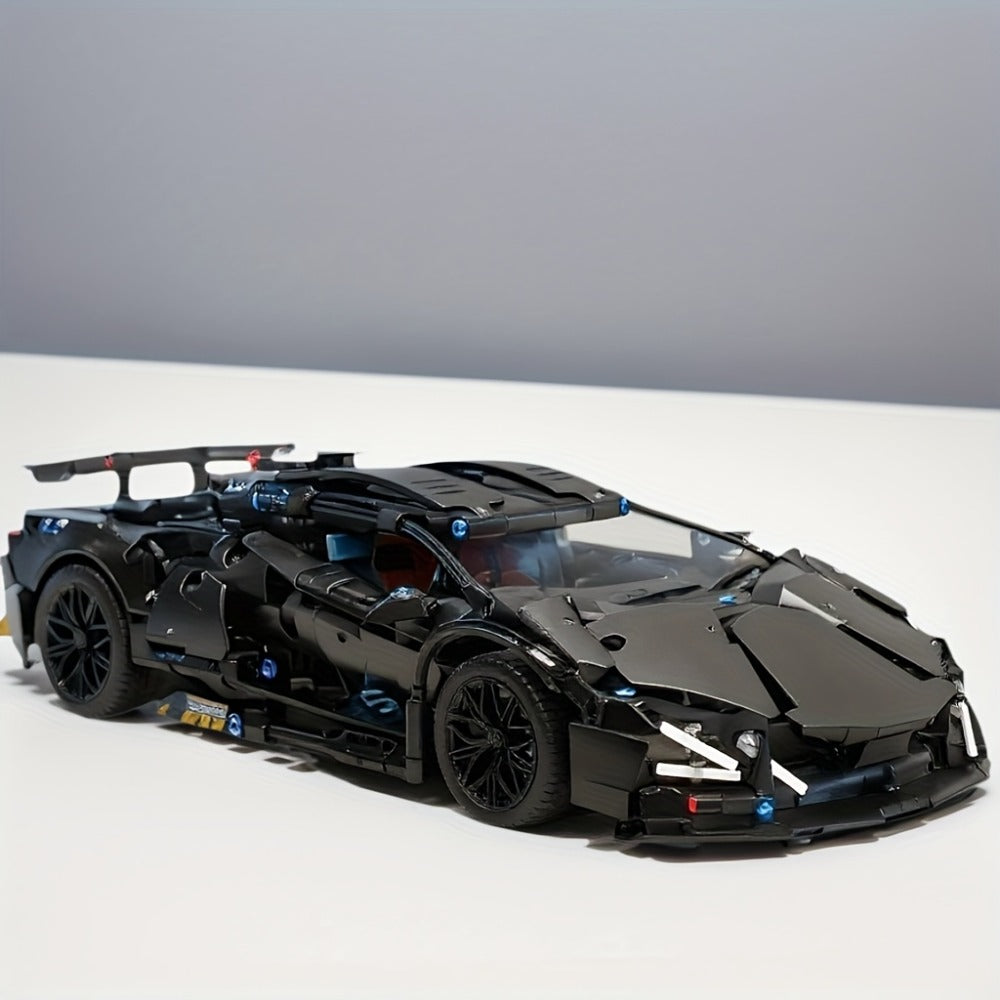 Black Supercar Building Blocks Set 1288 Pcs Limited Edition – Openable Hood Trunk Functional LED Headlights Realistic Engine 