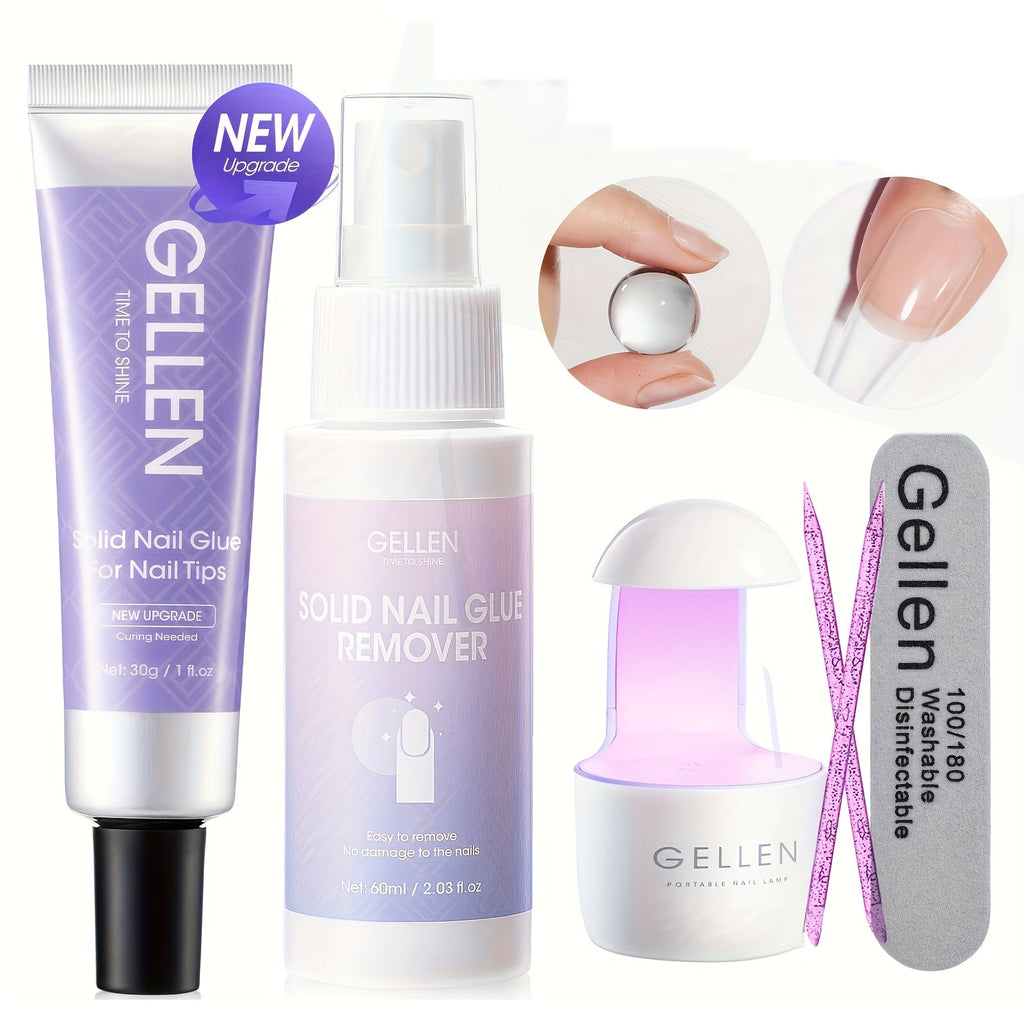 Press-On Nail Glue Gel Kit 30g with UV Lamp – Strong Long-Lasting Solid Nail Glue, 60ml Remover & Buffer for False Nails — im