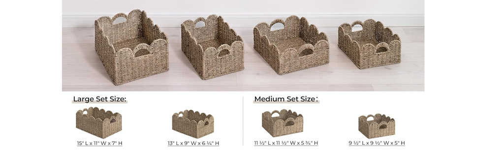 Scalloped Wicker Storage Baskets Set of 2 with Handles in Water Hyacinth or Seagrass Weave — image 17