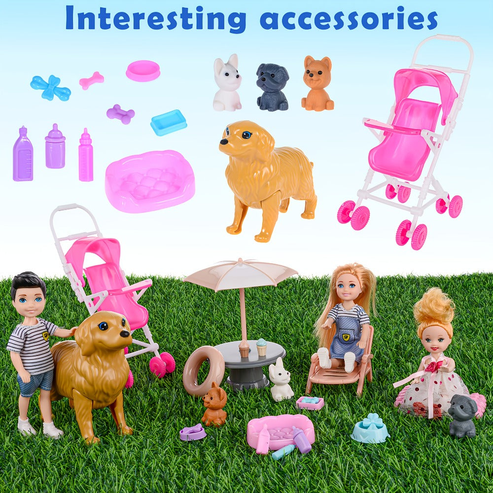 Family Doll Set with Pets & Accessories, 6 Poseable Collectible Dolls with Puppies, Handcart & Changeable Clothes — image 3