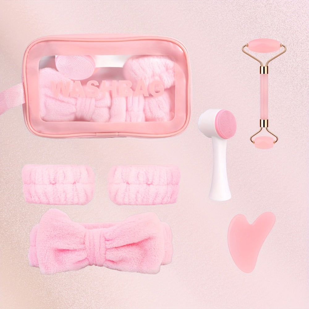 Facial Cleansing Massage Set 7Pcs Silicone Face Brush Double-Headed Roller Massager Heart Scraping Board Wristbands Hair Band