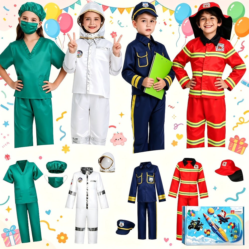 Kids Dress Up Costumes Set 4-in-1, Firefighter, Police, Astronaut & Doctor Role Play Clothes for Boys Girls Ages 3-6 — image 