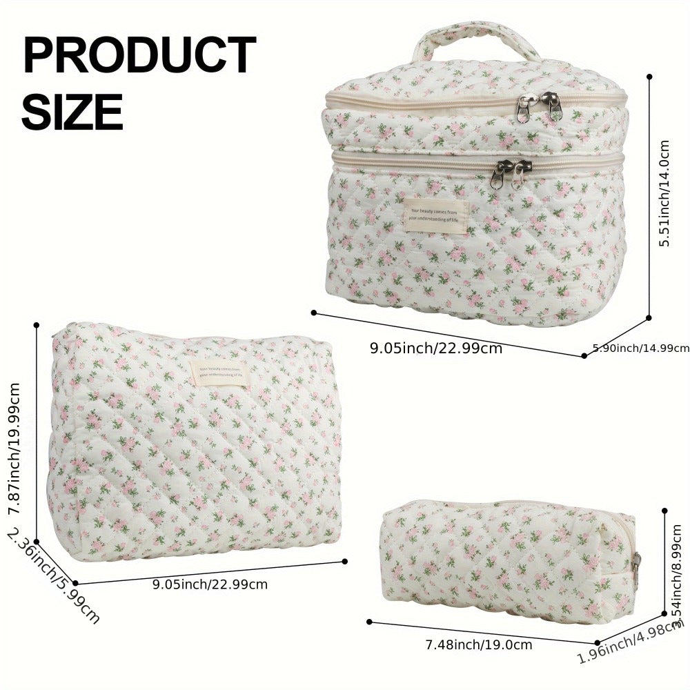 Makeup Bag Three-Piece Quilted Cotton Dual-Layer Floral Pouch Set for Travel, Vanity and Everyday Beauty Storage — image 7
