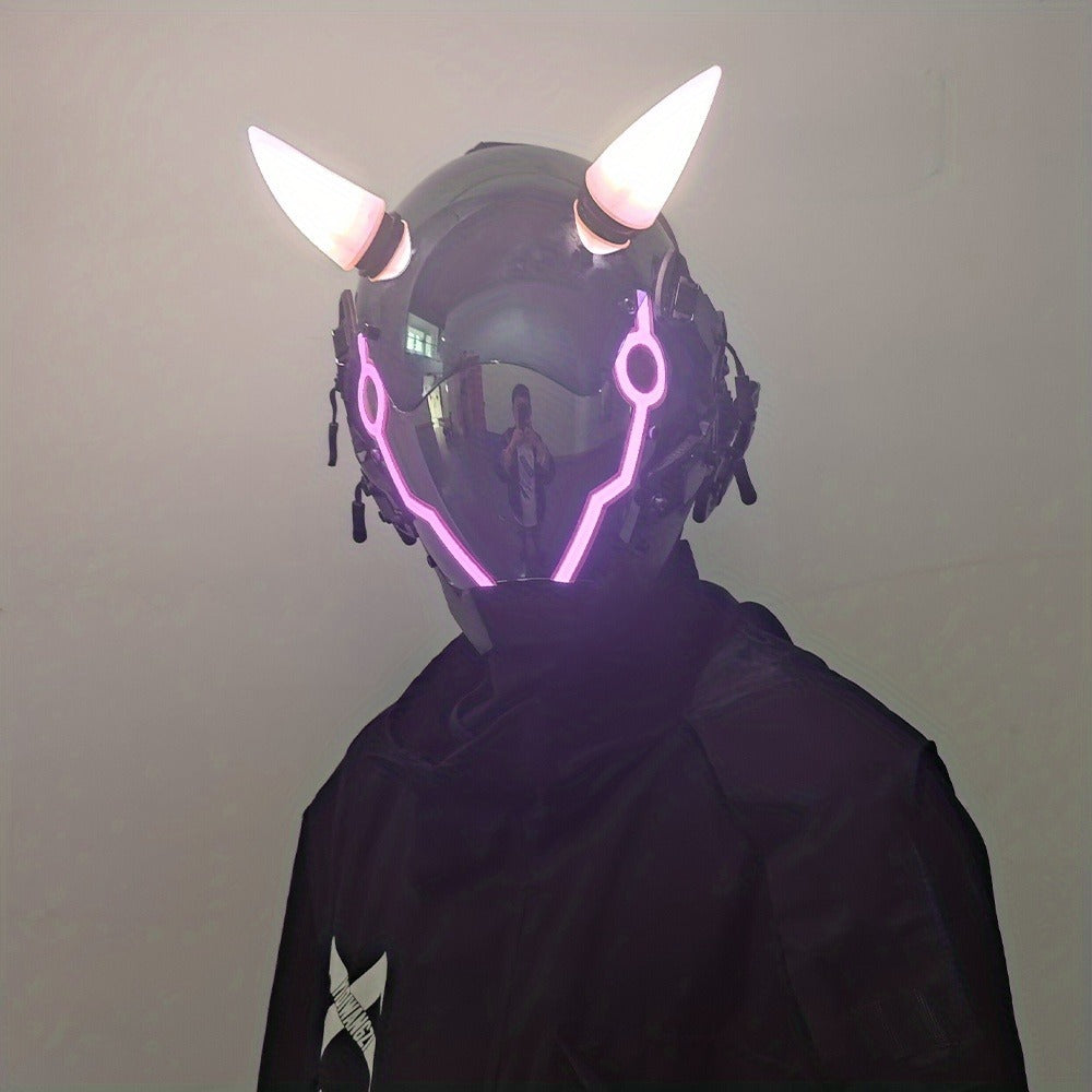 Pink LED Cyberpunk Costume Mask with Horned Full-Face Helmet, Reflective Visor and Lighted Accent Lines — image 20