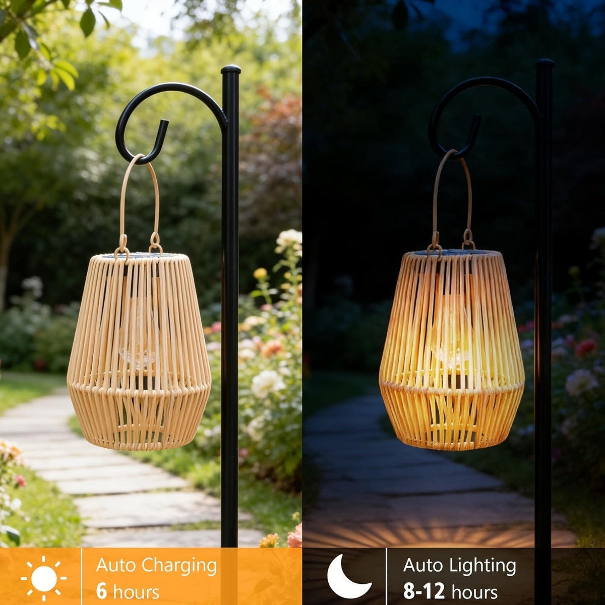 Solar Outdoor Lights Bohemian Bamboo Hanging Lanterns, Warm White, 1/2/4 Piece Sets for Patio Decor — image 4