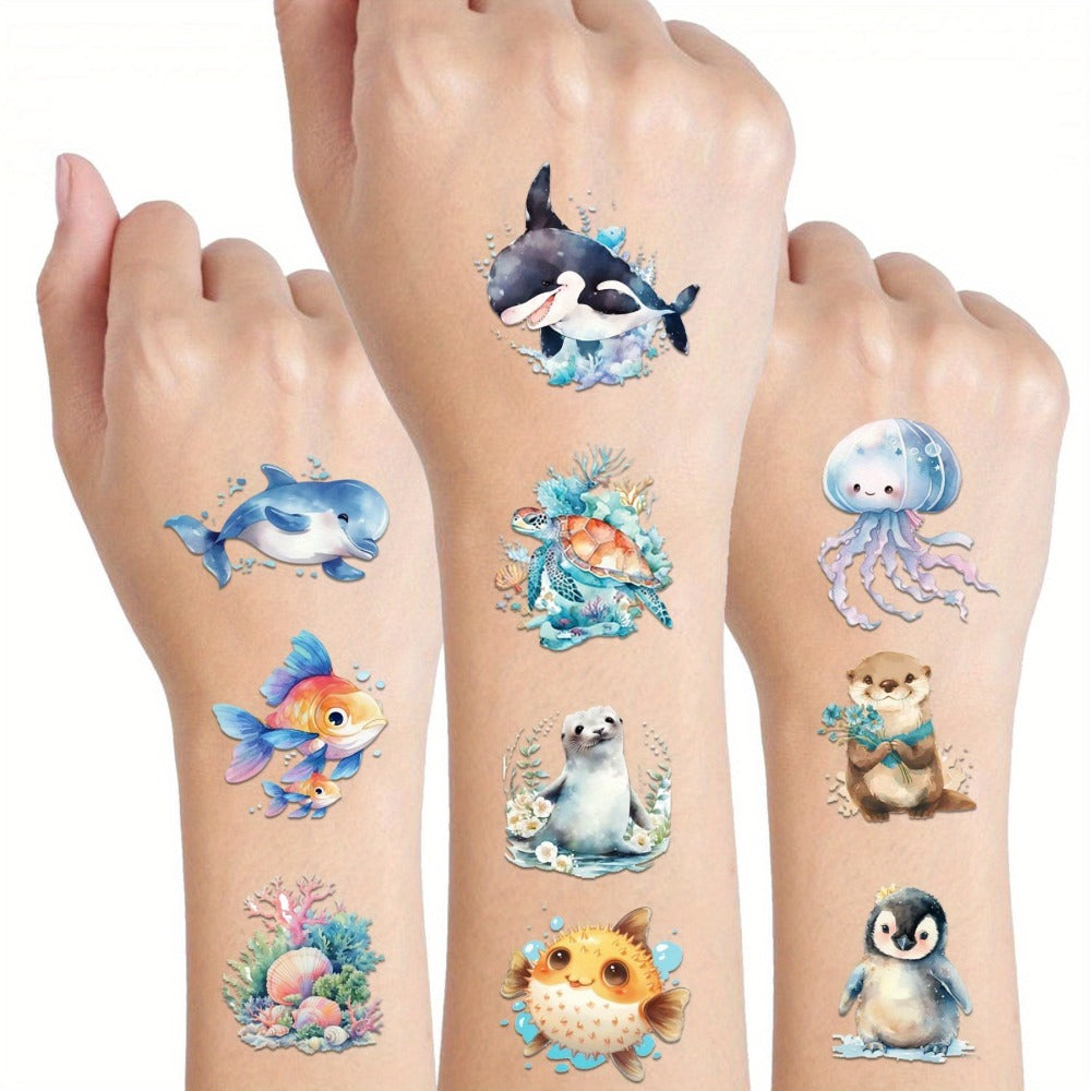 Ocean Animals Temporary Tattoo Stickers 12 Sheets 48 Designs Underwater Sea Creatures Cartoon Vibrant Body — image 4